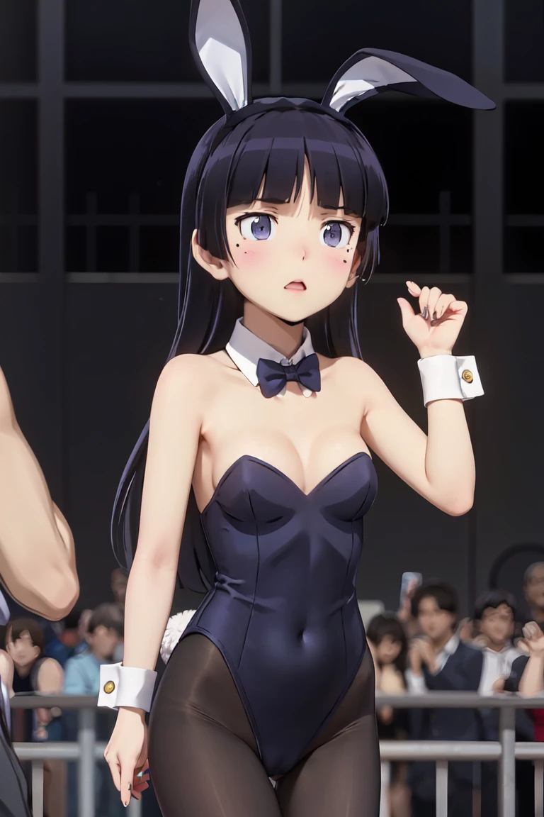  girl who dresses comfortably, fake rabbit ears, light blue leotard , bowtie, pantyhose, wrist cuffs, (black_ pantyhose), ((ruri gokou)), Long Hair,  black hair,  princess cut, pants, mole, mole under eye,  standing,  bunny girl, standing, live stage、 colorful lights、