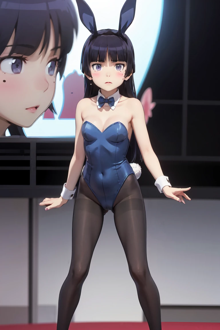  girl who dresses comfortably, fake rabbit ears, light blue leotard , bowtie, pantyhose, wrist cuffs, (black_ pantyhose), ((ruri gokou)), Long Hair,  black hair,  princess cut, pants, mole, mole under eye,  standing,  bunny girl, standing, live stage、 colorful lights、