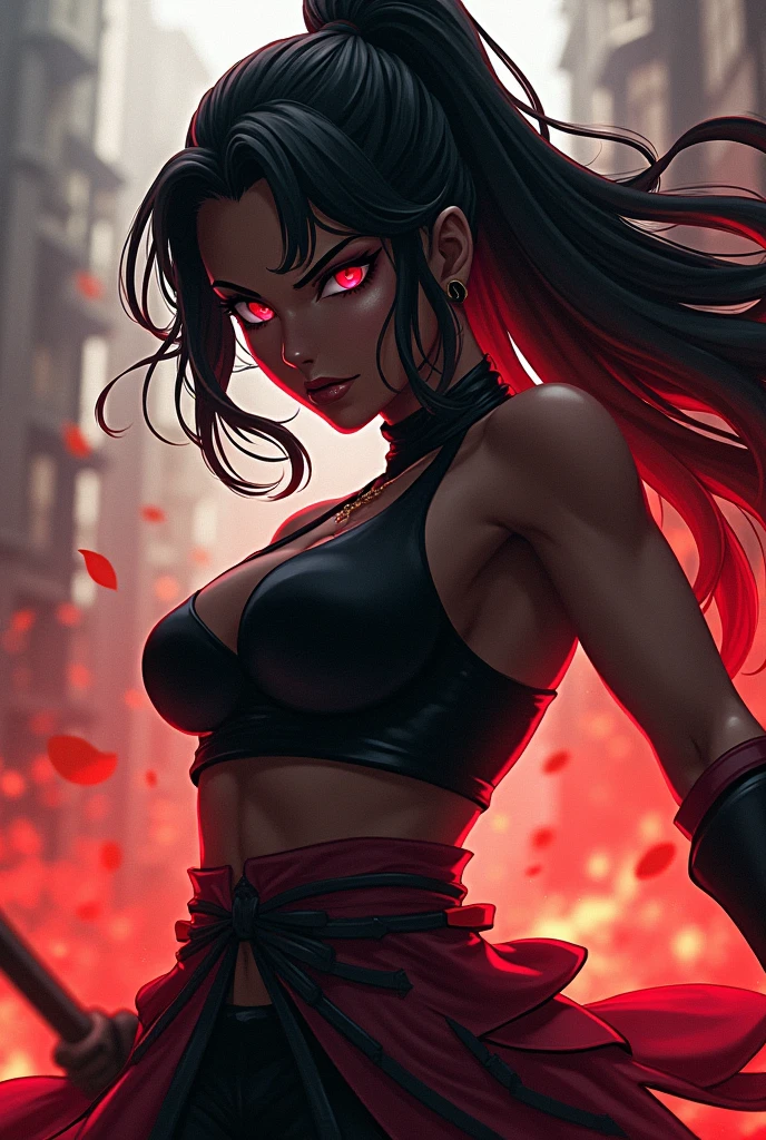 (extremely detailed 8k wallpaper), dark theme, Vampire the Masquerade, modern horror, 2020s, mature black transgender woman, wearing hippie red dress shirt with long black skirt, sharp focus, (subsuperficial scattering:1.1), award-winning photography, centered face, Nicole Scherzinger's face, ear piercings, various body tattoos, half-body photo:1.1, long black hair, heavy hippie eye makeup, supernatural red eyes:1.2, expression of derision, classroom with students, dramatic lighting