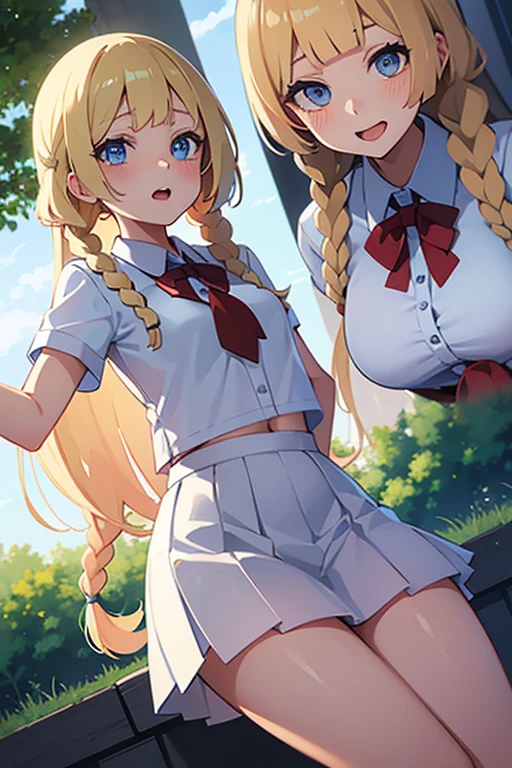 (High definition CGUnity 8k wallpaper), Original Characters、Portrait of an amazingly beautiful girl、Lunette de soleil、Delicate beautiful attractive face with petite and seductive yellow eyes、Messily painted face、Sharp Eyebrows、huge smile、open open mouth、Stick out your fangs、Beautiful medium milk、Layered long twin tail blonde、Blush Eyeshadow、Dark eyelashes、Applejack Hat、masutepiece, High resolution, Whole body, eye glasses、Crouching Pose, 2 girls, Black Hair Bob, Long Blonde Hair, 16 years old, Beautiful Girl, Beautiful facial features、slender, Small breasts,  Growing from the crotch, erection, big erect, Glowing skin,  Licked, Being hugged from behind, Stimulate the , Kissing, agony, , School, crass room, open underwears,