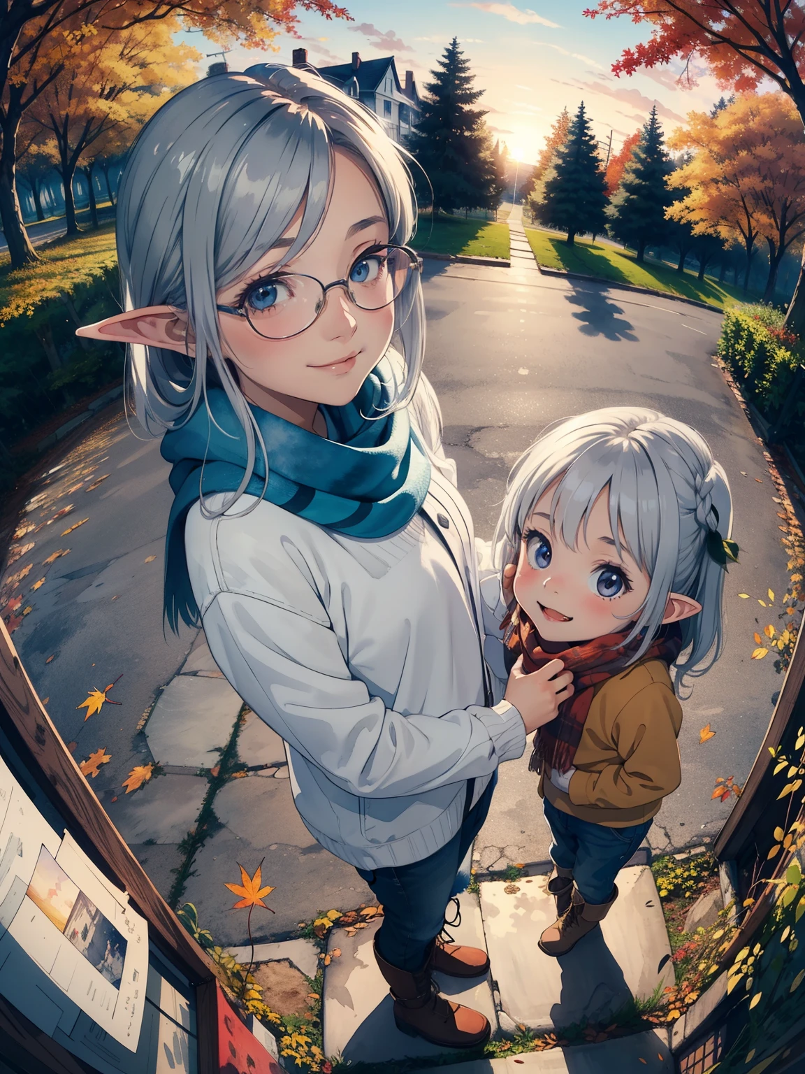 masterpiece，  best quality， High image quality，( super flat， flat shading )，Elf， young girl，Glasses，Beautiful silver hair， fisheye lens， short， ddler figure ，Beautiful young mother and adorable daughter， warm scarf，(naked)，Long Hair， boots，smile, smile，White Breath，fun, play，Autumn park garden，Beautiful autumn leaves， clear autumn sky ，At dusk，Beautiful sunset，Wide angle， bright color，watercolor, Ghibli Style，Strong winds， Girl Temptation，
  girl&#39;Lure，