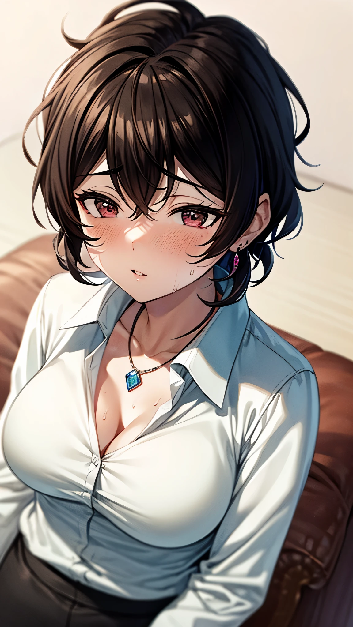 （ super quality, ultra high resolution,16k,super masterpiece,Ultra HD ,Detailed shading and background,）Upper body shot,one sexy wife, looking at the camera, head on,Short black hair,（A white shirt with a large collar spread wide and standing straight, wide open chest, black pencil skirt ,） earrings for a woman alone, Necklaces , Sweaty ,blush,Thick lips, Living room where the sun shines ,