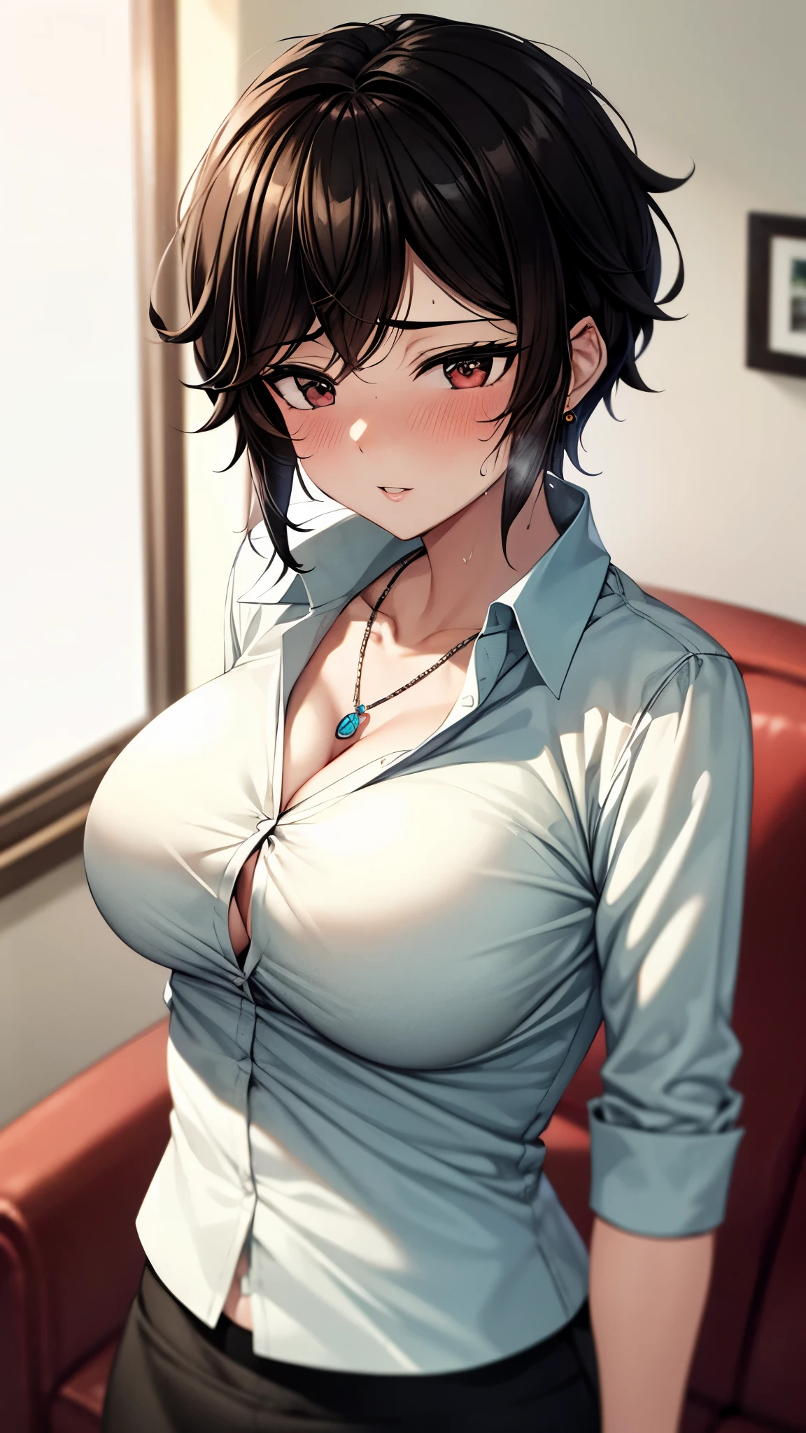 （ super quality, ultra high resolution,16k,super masterpiece,Ultra HD ,Detailed shading and background,）Upper body shot,one sexy wife, looking at the camera, head on,Short black hair,（A white shirt with a large collar spread wide and standing straight, wide open chest, black pencil skirt ,） earrings for a woman alone, Necklaces , Sweaty ,blush,Thick lips, Living room where the sun shines ,