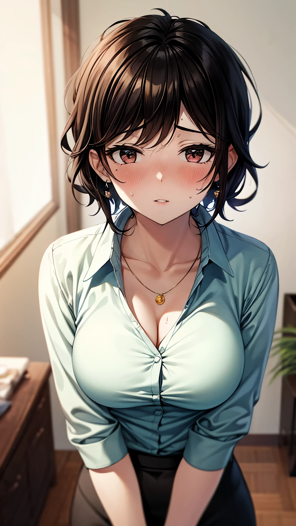 （ super quality, ultra high resolution,16k,super masterpiece,Ultra HD ,Detailed shading and background,）Upper body shot,one sexy wife, looking at the camera, head on,Short black hair,（A white shirt with a large collar spread wide and standing straight, wide open chest, black pencil skirt ,） earrings for a woman alone, Necklaces , Sweaty ,blush,Thick lips, Living room where the sun shines ,