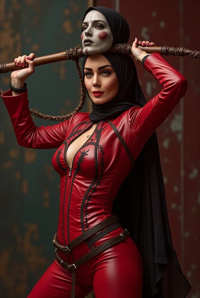 50yo mature milf Aishwarya rai as pirate lady, black denim shorts, tight red shirt,(((wearing hijab))), ((knee high boots)), mature fit milf figure, unbuttoned tight shirt, ((big cleavage, wide hips)), posing in sports illustrated magazine cover, day scene, mature hourglass figure, look straight at camera, erotic adult face, 50 yo mature milf body, soft volumetric lights, intricate details, (ArtStation:1.2)