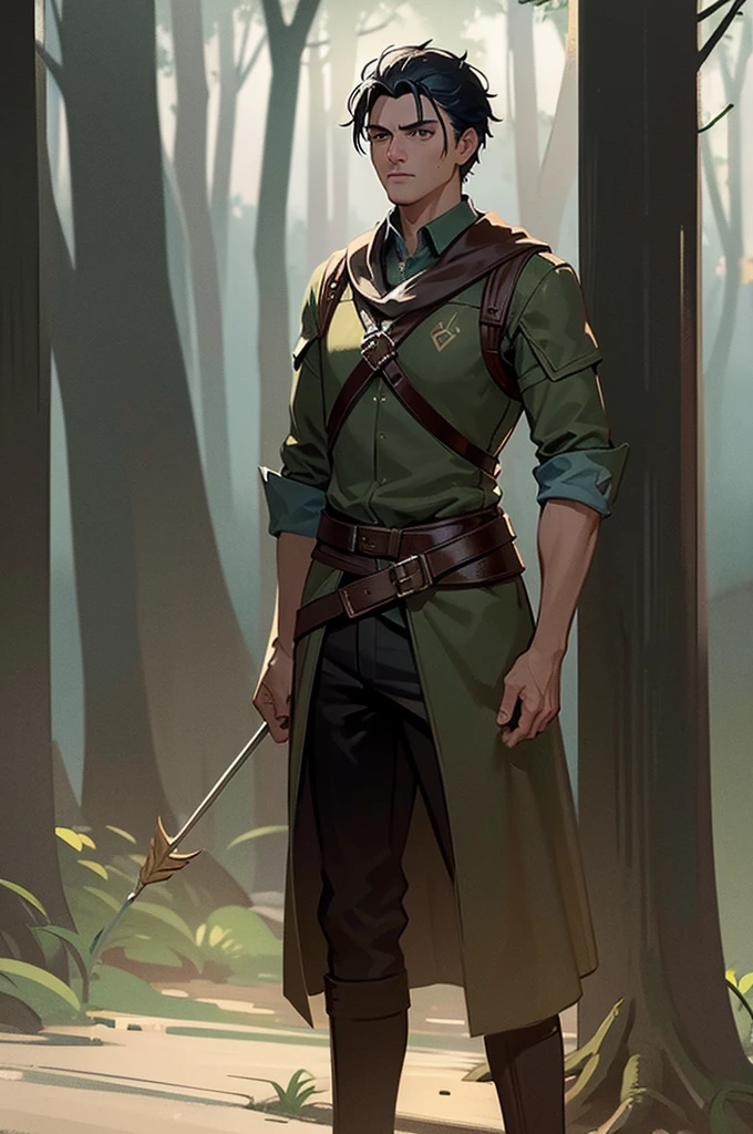 (((male))) depressed archer, doesn't want to be here, fantasy, medium hair, tired facial expression, bags under eyes, bow, arrow, forest background, moody lighting, muted tones, realistic, photorealistic, ultra-detailed, 8k, masterpiece