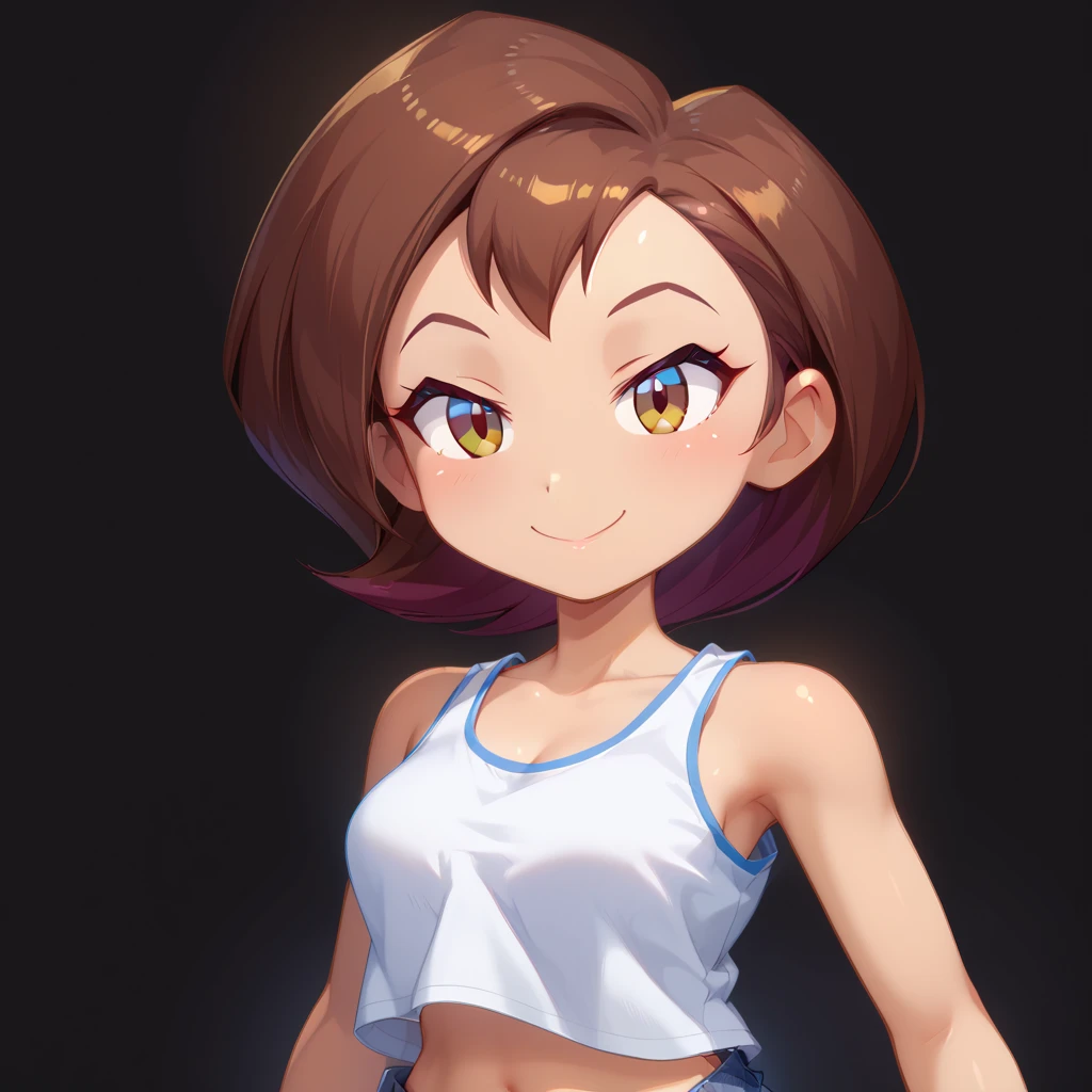 score_9, score_8_up, score_7_up, ((Masterpiece)), ((highres)), 1girl, solo,, superhero poses, Helen Parr in the art style of Shantae: 1/2 genie hero, tank top, blue jeans, defined ears, defined eyes, brown iris, long eye lashes, defined nose, bob cut brown hair, (((smile expression))), soft aura surrounding character, (black background), bust shot