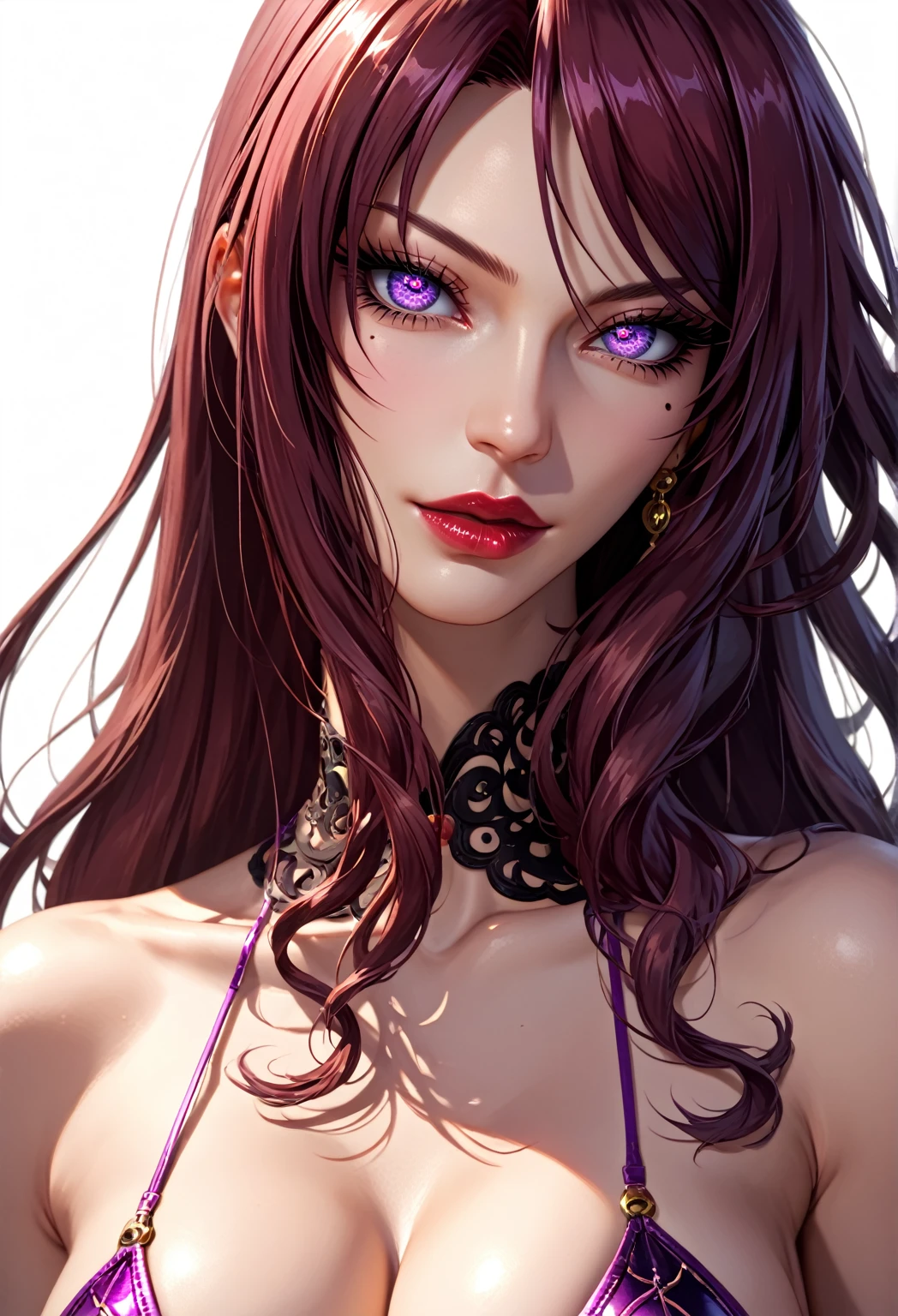 hd, highres, 8k uhd, 1girl, perfect skin, detailed clothes, perfect eyes, (best ,highly detailed face, extremely detailed eyes and face, long eyelashes, beautiful detailed eyes, beautiful detailed lips, vibrant colors, 1girl, solo, looking at viewer, breasts, full body,  highly detailed, extremely aesthetic, beautiful face,score_7_up,score_8_up,score_9,  4k,  transparent background,  thighhighs, ,Beatrice Kushan,long hair, purple eyes, lipstick, mole under eye, bikini