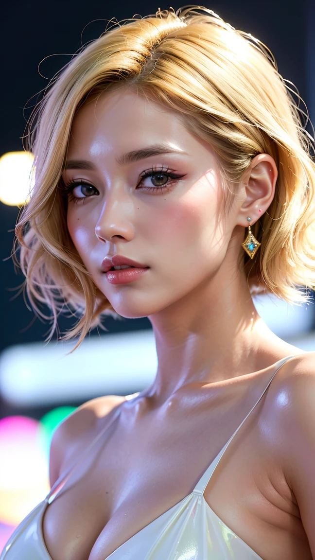 (RAW Photos, 最high quality), (Realistic, photo-Realistic:1.3), 最high quality ,masterpiece, Cowboy Shot、Hostess、fancy cocktail dresses、Brown eyes、pink lipstick, Flashy makeup, Long eyelashes, Earrings, Apply eyeliner, Fair skin, bionde,(cute), (Detailed face), Detailed eyes, Detailed Iris, 8k Ultra HD, Digital SLR, Soft lighting, high quality, Film Grain, beautiful Detailed eyes, Beautifully detailed nose, Vagina Detail, Realistic face, pink , Big smile, (Very detailed face: 1.5), Fujifilm XT3, 最high quality, Very detailed, masterpiece, In detail, upper, 8k wallpaper, Pixie Haircut、
