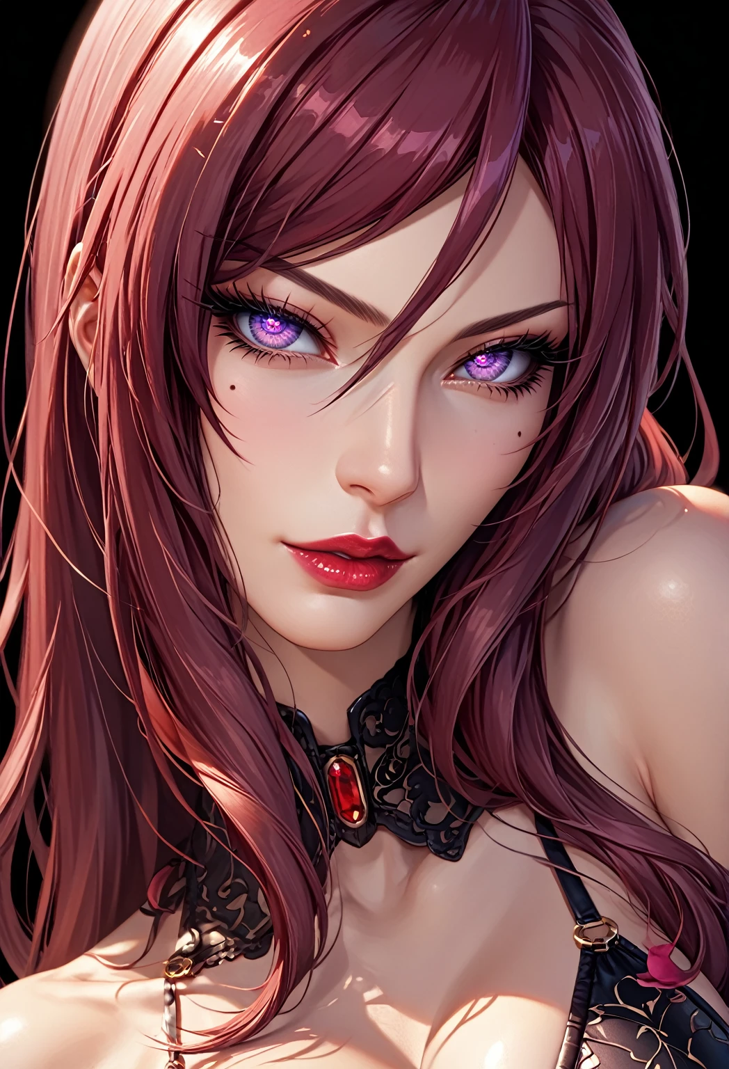 hd, highres, 8k uhd, 1girl, perfect skin, detailed clothes, perfect eyes, (best ,highly detailed face, extremely detailed eyes and face, long eyelashes, beautiful detailed eyes, beautiful detailed lips, vibrant colors, 1girl, solo, looking at viewer, breasts, full body,  highly detailed, extremely aesthetic, beautiful face,score_7_up,score_8_up,score_9,  4k,  transparent background,  thighhighs, ,Beatrice Kushan,long hair, purple eyes, lipstick, mole under eye, bikini