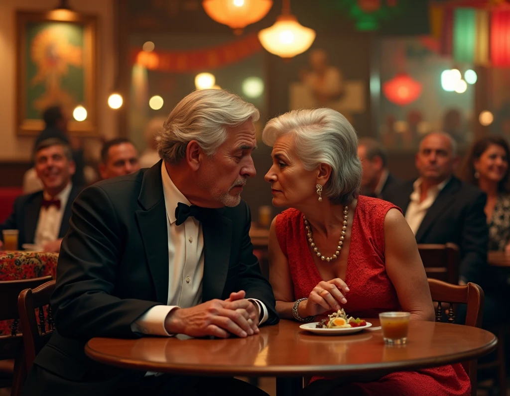 Young korean girl, with office dress and strait hair,20year old, intense young kissing on the mouth an older Japanese man,50 year old, with no hair who is taller than her, on a dining table,full body shot