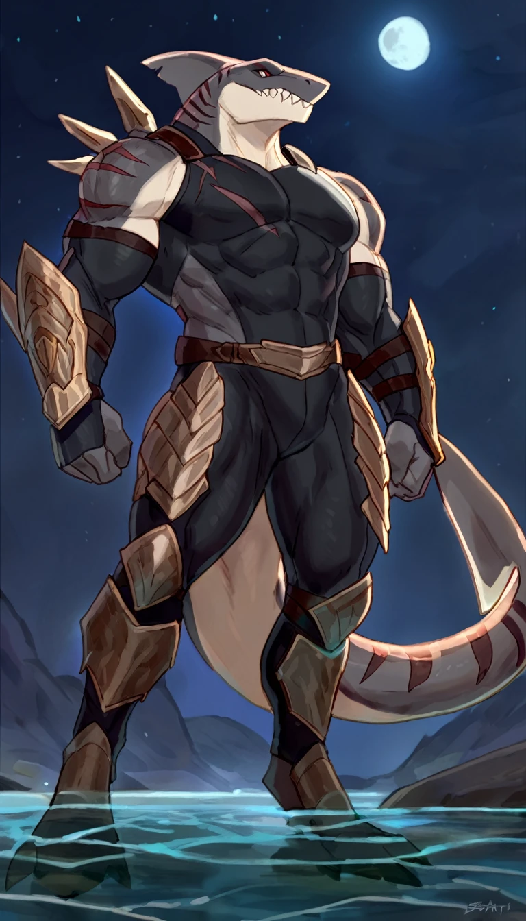 Muscular sharkfolk, solo, anthro shark, detailed skin, strong, wearing demonic full body armor, metallic scales, scars on body, 1male solo, anthro, muscular, wide back, big muscles, small waist, thick tail, marked jaw, armor on legs, full body, comicbook style, night time, best quality, 4k, ultra-detailed, by Buta99, by Zackary911, by laobai, by taran fiddler, standing near water, night, Arcane style