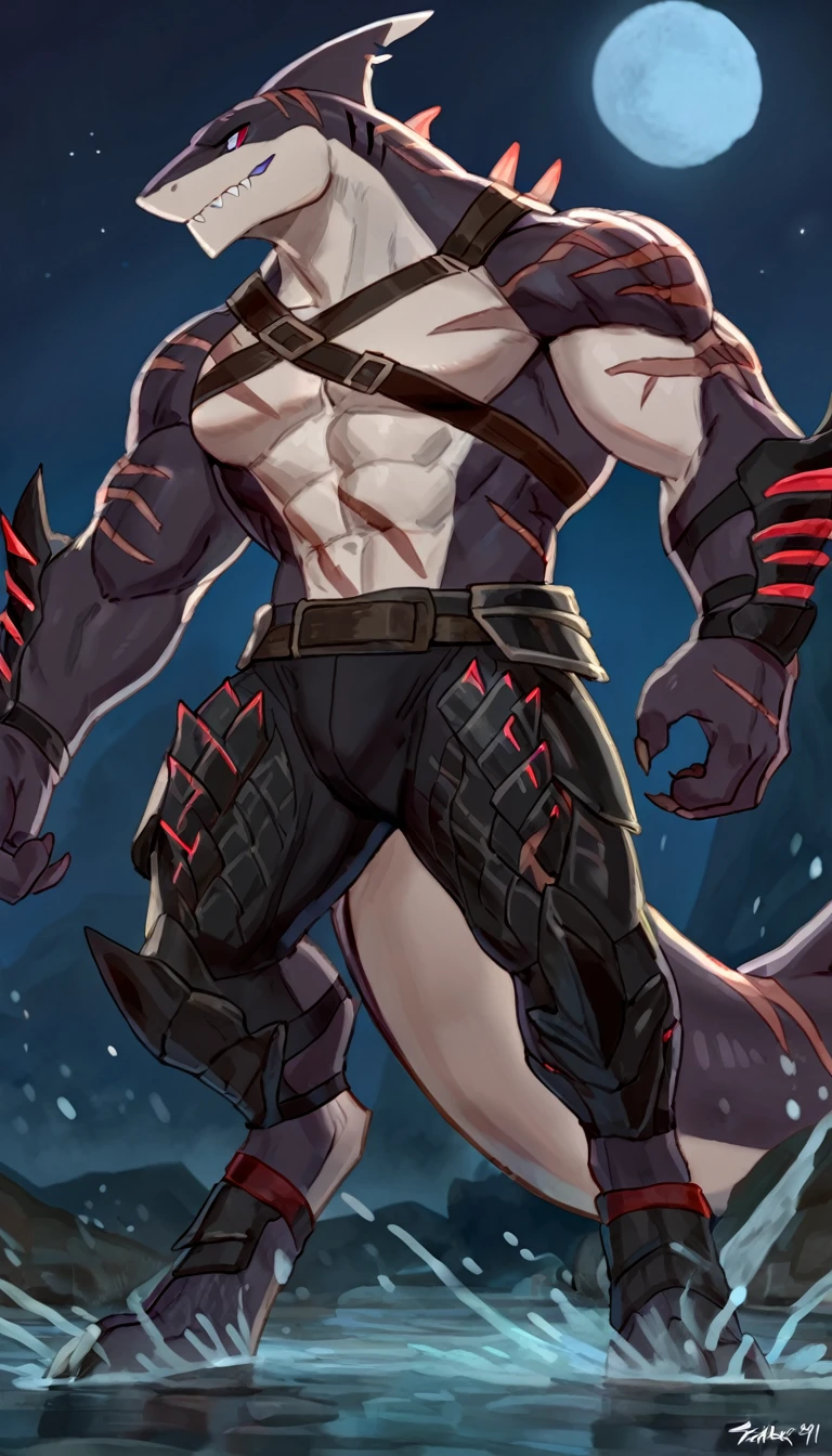 Muscular sharkfolk, solo, anthro shark, detailed skin, strong, wearing demonic full body armor, metallic scales, scars on body, 1male solo, anthro, muscular, wide back, big muscles, small waist, thick tail, marked jaw, armor on legs, full body, comicbook style, night time, best quality, 4k, ultra-detailed, by Buta99, by Zackary911, by laobai, by taran fiddler, standing near water, night, Arcane style