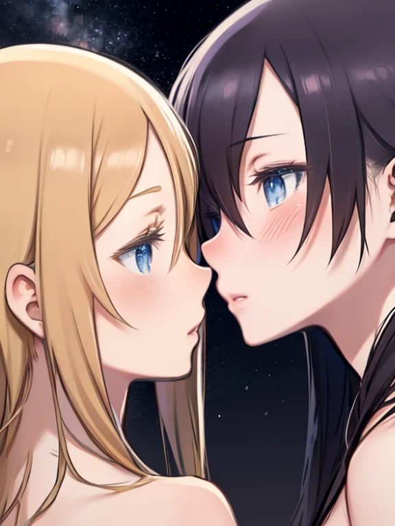 source_anime, rating_explicit, score_9, score_8_up, score_7_up, 1boy, twink, femboy, portrait, indoors, medium length hair, brown skinned male, hair over eyes, ((brown skin)), browm boy, boy, messy hair, ikuchan, black hair, masterpiece, high-quality, BREAK, 1girl, female, white skinned, light skinned male, dominant light skinned female, kissing, femdom, large white female, ((size difference)), lumine, genshin impact, duo, Heterosexual