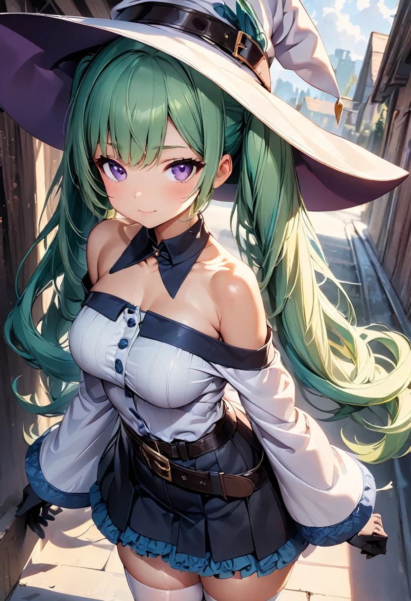 4K,High resolution,one woman,green hair,long hair,blue eyes,big breasts,Inverted nipples,wizard,side boob,white dress,brown shoes,white gloves,white hat,wooden cane,Jewelry Decoration,wilderness