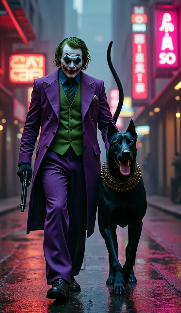 Create an image of the villain Joker walking alongside his enormous black Cane Corso with a thick, spiked collar. The Joker has a sinister grin, wearing his iconic purple suit with intricate and hyper-detailed textures, complete with a green vest and tie. In one hand, he wields a shiny Magnum revolver, holding it confidently as if ready for chaos. The Cane Corso exudes power and menace, its muscular frame highlighted by shadows and a faint, ominous red glow outlining its figure. Both are walking forward, looking directly at the photographer, with an ethereal, unsettling light enveloping their forms. The environment is a dark, rain-soaked urban alley, illuminated by flickering neon signs in shades of purple and green, casting dynamic reflections on the wet pavement.

The scene is rendered in a cinematic atmosphere with dynamic lighting (0.85), HDR lighting, ultra-HD, and 8k resolution. Intricate details in the environment, clothing, and the glowing presence of the characters are emphasized (0.9). Stable diffusion and steady diffusion ensure smooth and realistic textures (0.85). The natural lighting blends with the neon ambiance, creating a surreal yet gritty and realistic vibe. Both exude a chilling sense of strength and chaos, creating a powerful and haunting scene that perfectly complements their dark and twisted nature. 24-bit colors and full-color rendering ensure vibrant details, with virtual and hyper-realistic textures making the composition visually striking.