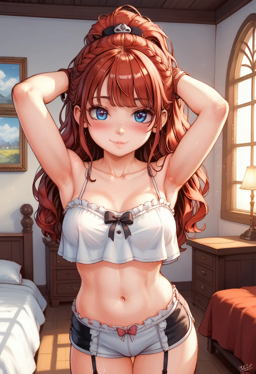 masterpiece, anime, best quality, 8k, 1girl, souryuu asuka langley, tease, (getting dressed, white cotton bra, small, flat chest), expressionless, looking away, (bored), behind, bedroom, slender, narrow hips,