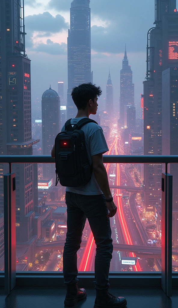 A mixed racial Asian Nigerian guy standing in the balcony of a sky scraper. Cyberpunk style.