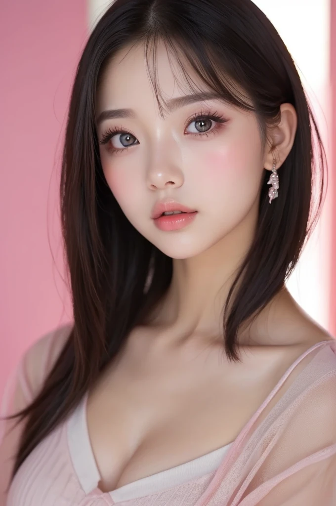 , face close-up ,-yeld gi (cute), (:1.6),Big Mouth , Thick lips,  moist lips  , full lips,Lips that shine with lip gloss, pink,  Very detailed,Long Bob Hair, Facing Front、 (masterpiece,  side lighting ,  Stylish eye makeup with attention to detail: 1.2) (Perfect oval, Big eyes that stare at the viewer )、Watery eyes、Beautifully detailed face, (  attractive若い女性:1.3), ( attractive:1.1), (:1.1)、Interior lighting