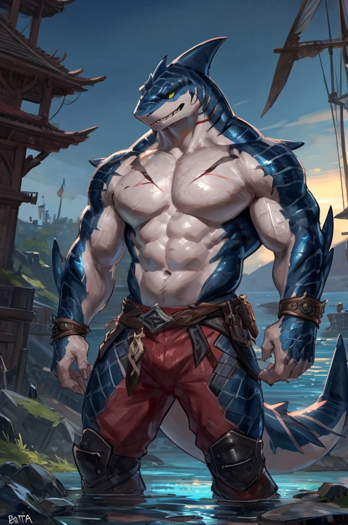 Alone, male people, lizardfolk, cheeky face, wide face, a broad shouldered, musculous, shallow, strong, tall, immensity的, A lot of public, immensity, immensity, big bicep, large pecs, Blue body, a purple eye, There are a lot of scars on the body,Detailed ??????, immensity的凸起
