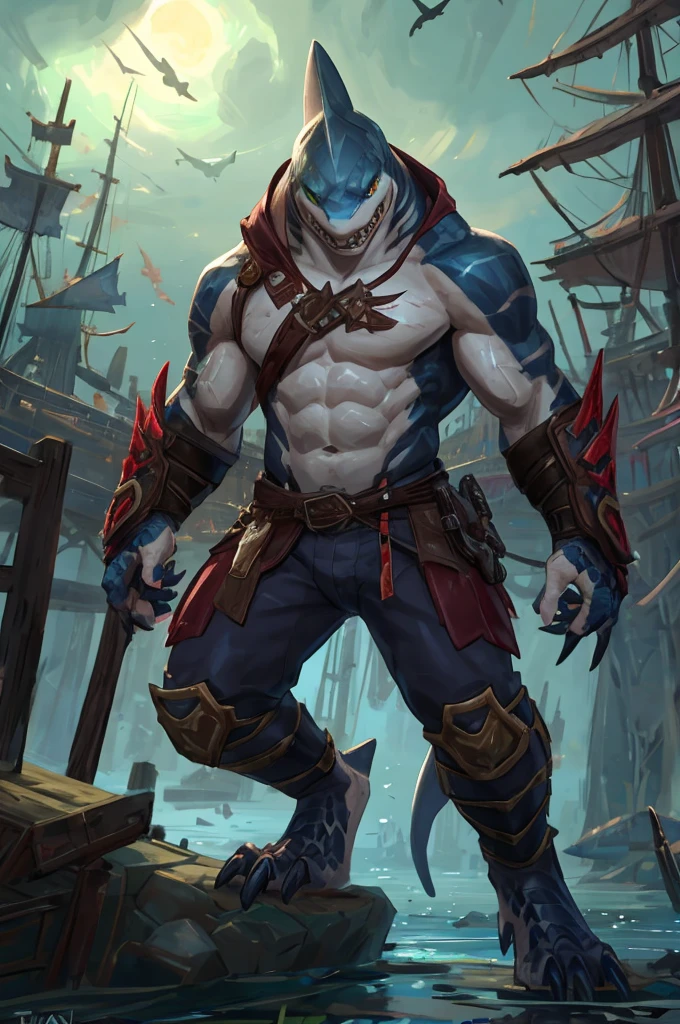 Masterpiece of cute creatures, very detailed, ninja shark, holding a sword, close-up, 8k, full body, Unreal Engine, fantasy creatures, --auto --v 6 --s2