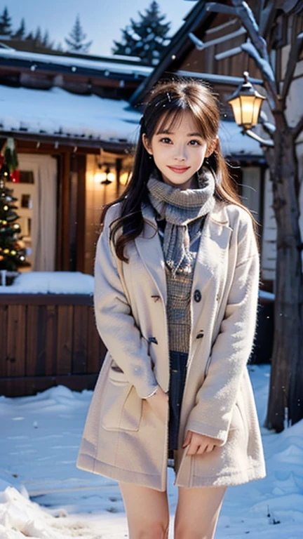 (Wore a winter uniform and scarf coat、 Close-up portrait of a girl with long hair and dull bangs:1.5)、(one person*** wearing a winter uniform and scarf coat spreads her arms and has a shy smile :1.5)、Age 25、( Christmas decorations on a street corner on a snowy winter night :1.5)、(perfect anatomy:1.3)、( completely up to your fingertips :1.3)、Photographically、photo shoot、masterpiece、top-quality、 high definition , Delicate and beautiful、 perfect face、 Beautiful detailed eyes 、 white skin、 Real Human Skin、pores、((Thin legs))、( dark haired)、 Arraffed House with Christmas Trees and Snowmen in the Backyard,  Fantasia de cena de inverno ,  Senior Artist ,  Santa Claus's Workshop ,  country house in the woods ,  Cozy and Enchanting Scene , Elf House,  Floral House ,  Country Villa , ,  A Snowy Winter Christmas Eve ,  Magical Village , City Hut , beautifulアーティストレンダリング, !!beautiful!!, House in the Forest,  Thomas Kinkade 

