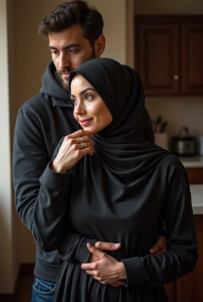 black pants, with black headscarf, Barefoot woman cuddling with male neighbors in garden