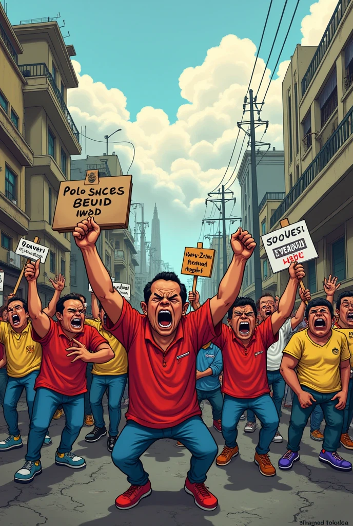 (Caricature), Create a detailed caricature that captures the suffering and resilience of the Filipino people during the Japanese occupation in World War II. Depict a scene with a somber, yet defiant tone. Show a group of Filipino civilians, visibly emaciated and traumatized, standing together with a backdrop of destruction—perhaps the ruins of Manila or the harsh conditions of the Bataan Death March. Include symbols of Japanese brutality, such as a menacing soldier or imagery representing forced labor and violence. However, also incorporate elements of resistance and nationalism—Filipino fighters or civilians holding the Philippine flag, a figure leading a resistance movement, or a symbol of hope and unity. The style should exaggerate the emotional expressions, highlighting the despair, anger, and determination of the Filipino people. Include words in the caricature
"Manila’s Resilience", "For our freedom, we fight!", "Suffering under the weight of war." And "Brutality and Fear."