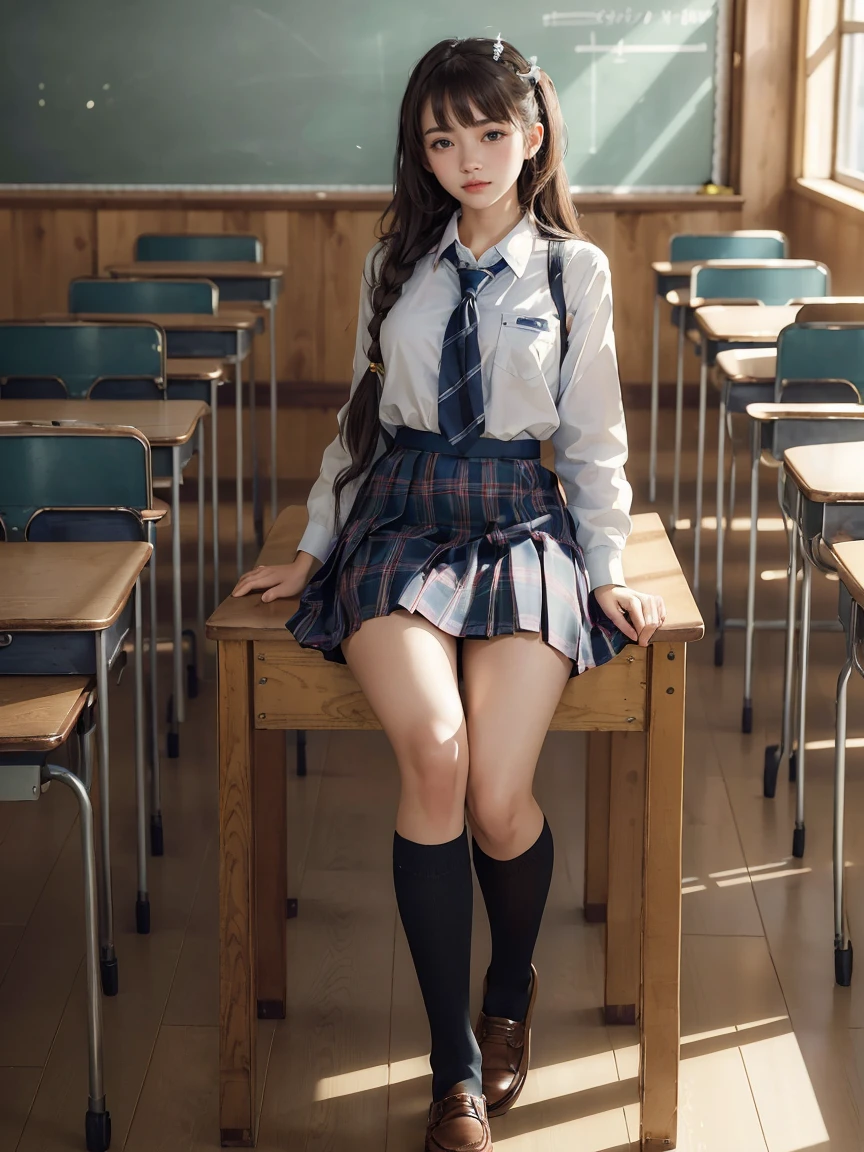 (Masterpiece, Best Quality, the most important work:1.5), (stunning school girl:1.5), the most beautiful school girl in the world, full body, highly detailed beautiful face and eyes, loving look, school tie, knee length pleated skirt, tartan check skirt, school knee-high socks, loafers, perfect anatomy, school