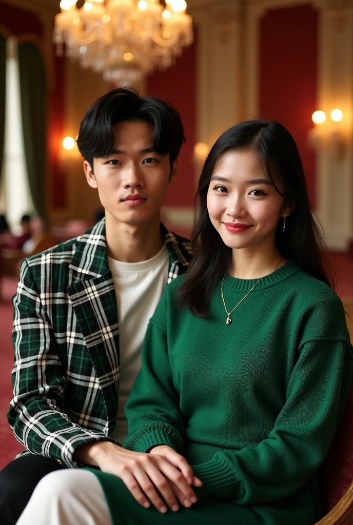 On the left comes a white long-sleeved sweater and black long pants.、A young man with a nice smile and a young woman on the right wearing a black mini-jumper skirt and white blouse.The two are holding hands.The hand that is not holding hands is raised diagonally upwards in a peace sign. There is a Christmas tree in the background Pixar Photo