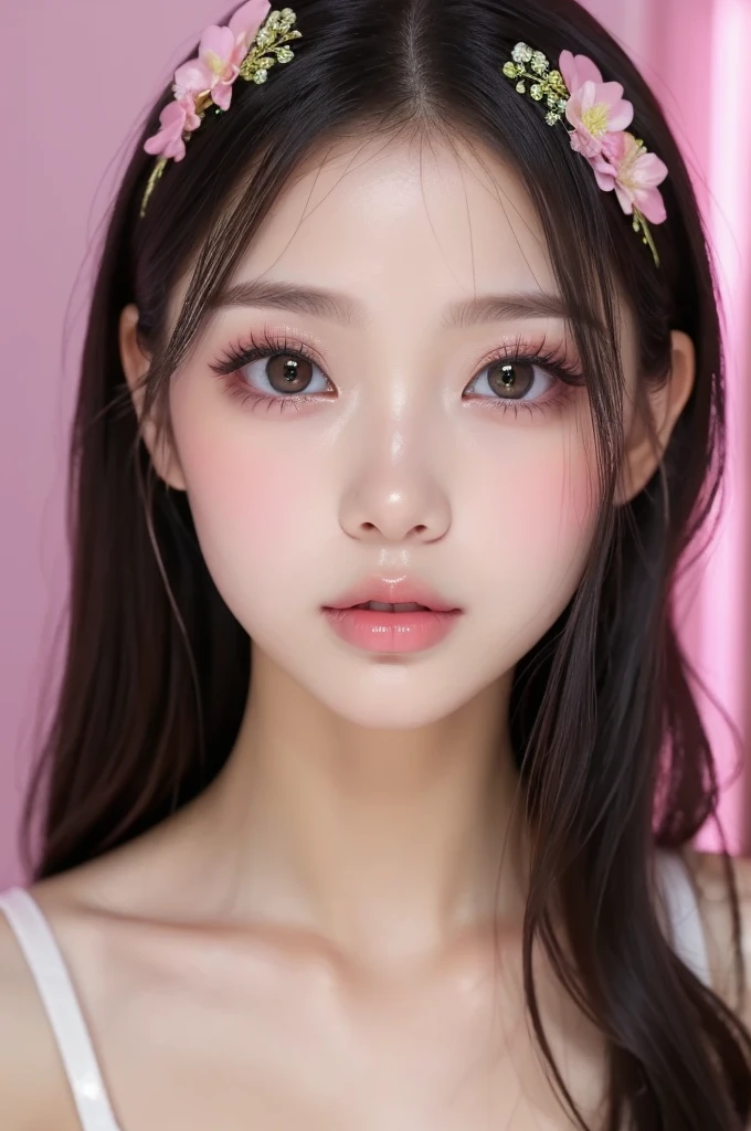 um close up de uma mulher com cabelos longos usando um vestido rosa, maquiagem sul-coreana popular, Ulzzang, beautiful aesthetic face, kawaii retrato realista, maquiagem coreana popular, com olhos bonitos, wan adorable korean face, realista bonito olhos grandes, olhos cor-de-rosa brilhantes, bonito redondo olhos inclinados, pale porcelain white skin, com lindos olhos detalhados