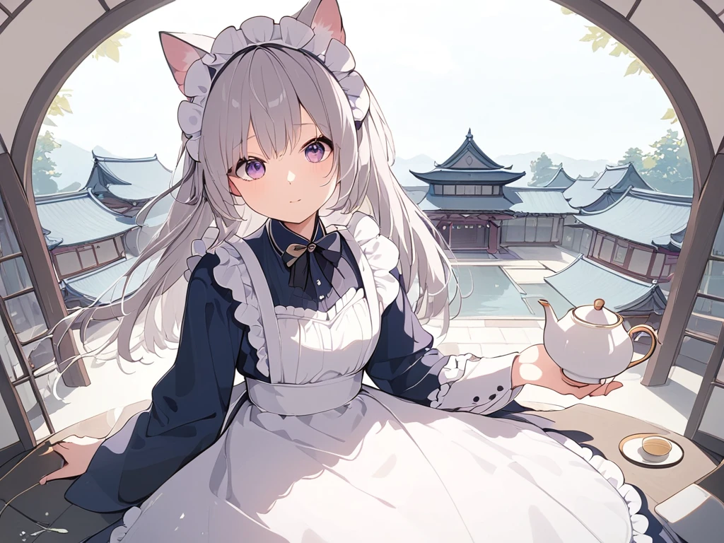 ( adult woman),(最High image quality, 8k, masterpiece:1.3), (24 years old:1.5), ( gray hair ), ( semi-long),  ( good style、Full body shot、Fair skin、 maid outfit 、 Long Sleeve 、Sophisticated, beautiful eyes、 long lashes、Waiter、Elegant、noble、 Long Skirt、Western-style building、Outer court、Pour in the tea、Tea Ceremony)), ([Ultra Clear:1.5), ( shiny skin:1.1),(Pale skin:1.1),High image quality、 clear contours、