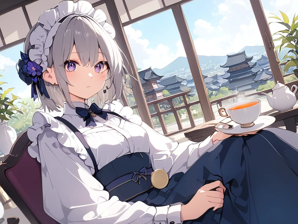 ( adult woman),(最High image quality, 8k, masterpiece:1.3), (24 years old:1.5), ( gray hair ), ( semi-long),  ( good style、Full body shot、Fair skin、 maid outfit 、 Long Sleeve 、Sophisticated, beautiful eyes、 long lashes、Waiter、Elegant、noble、 Long Skirt、Western-style building、Outer court、Pour in the tea、Tea Ceremony)), ([Ultra Clear:1.5), ( shiny skin:1.1),(Pale skin:1.1),High image quality、 clear contours、