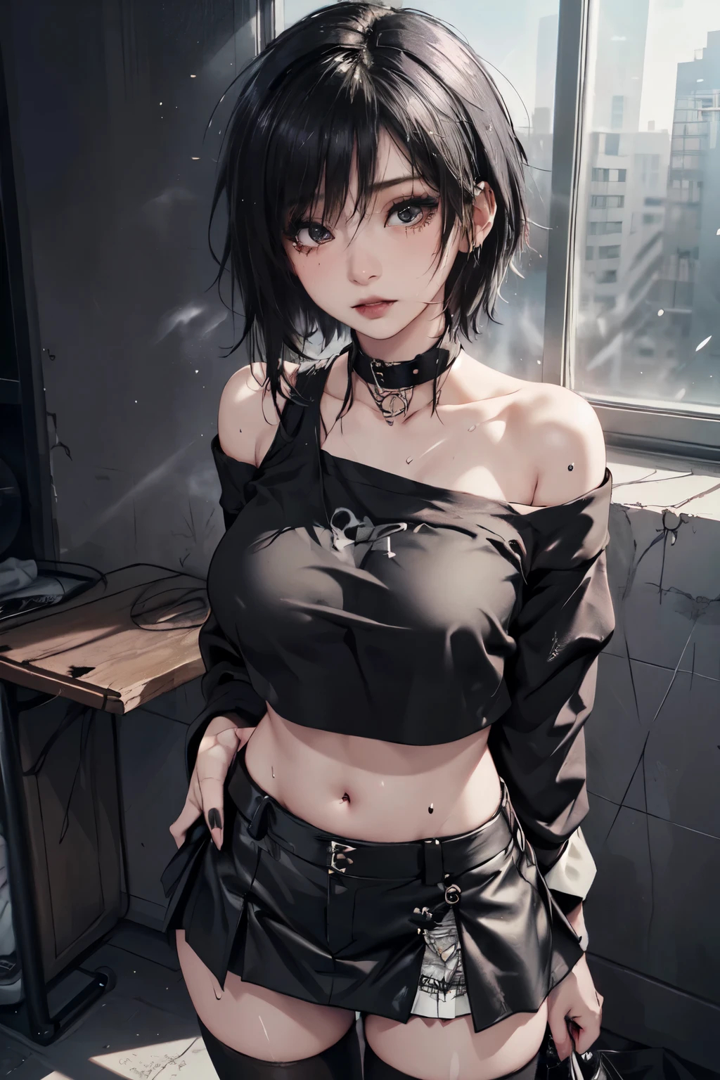 Girl, woman, emo_hairstyle, black lipstick, dog collar, eyeliner, mascara, eye shadow, smoky eyes, realistic lighting, short hair, short skirt, midriff crop top, off shoulder, big breast, shiny skin, thighhighs, (sweaty:1.1), standing up.
