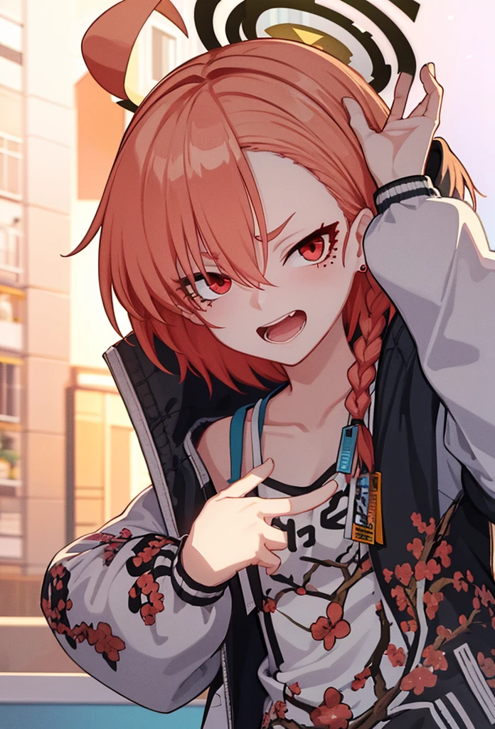 (safe:1.10), best quality, masterpiece, highres, solo, (neru_bluearchive:1.10), facing viewer,upper body, looking at viewer, crazy eyes, smile, open mouth, troubled eyebrows, neru mikamo, halo, red hair, short hair, single braid, print jacket, outstretched hand to the viewer