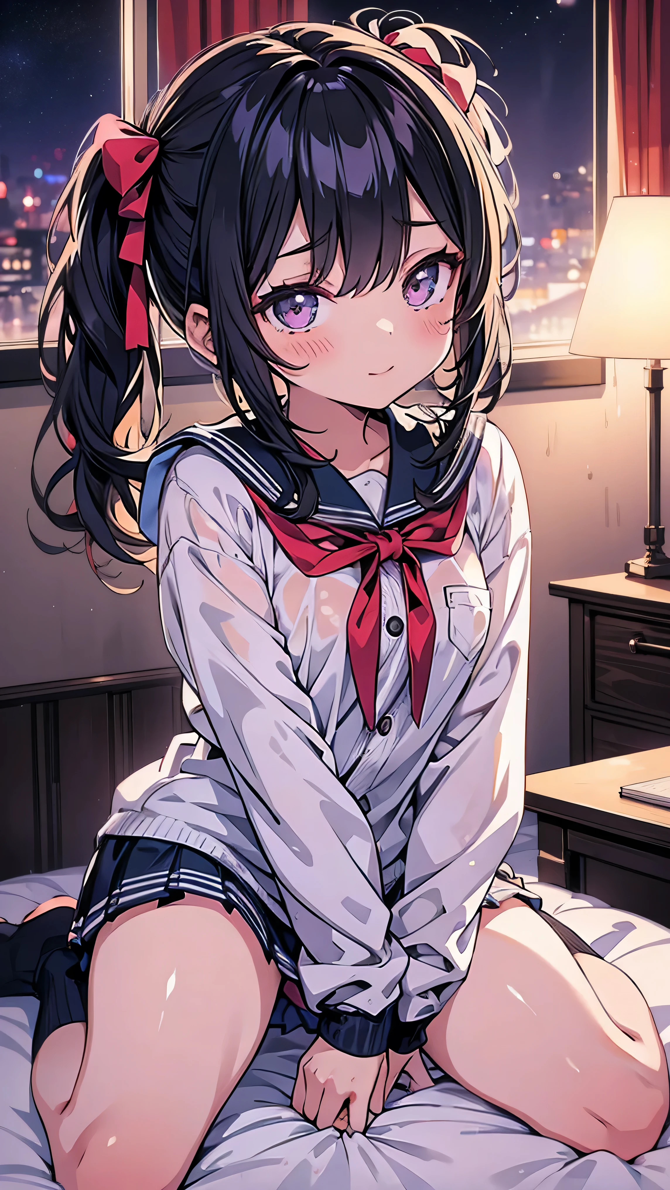   super detailed,(masterpiece)、(   best quality)、 1.      has a very detailed face , ****,****,  straight hair  ,  Black Hair, student, ponytails bleeding from the vagina,    very small breasts , Extremely large droopy eyes  ,     purple     ,  Bedroom at night,8k , student服 , 