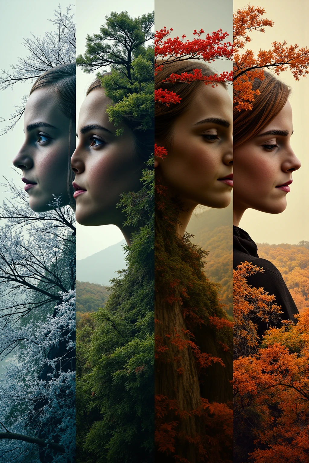 Hyper-realistic glitchcore surrealism: four razor-sharp vertical splits depicting seasons. Frosty crystalline winter, delicate pastel spring blossoms, lush verdant summer foliage, fiery autumn leaves. Two double-exposed close-up silhouettes of Emma Watson blending in with the seasons. One profile picture looking left with the first two seasons.  One profile picture looking right with the last two seasons.  Ultra-high-resolution grain texture. Moody chiaroscuro lighting. Time's relentless march personified.
