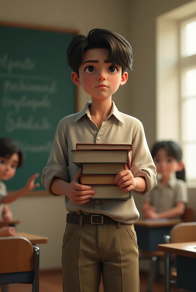 The substitute teacher : young,  with an insecure but at the same time hopeful attitude ,  dressed in modest clothes and carrying books under his arm.