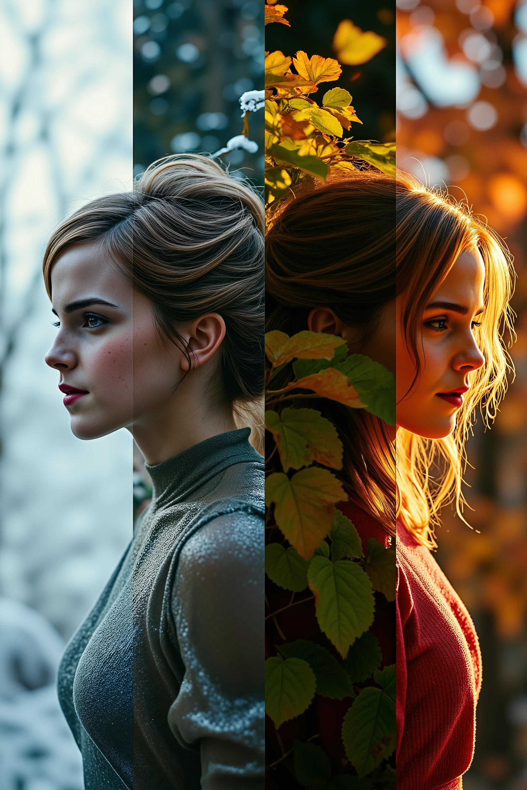 Hyper-realistic glitchcore surrealism: four razor-sharp vertical splits depicting seasons. Frosty crystalline winter, delicate pastel spring blossoms, lush verdant summer foliage, fiery autumn leaves. Two double-exposed close-up silhouettes of Emma Watson blending in with the seasons. One profile picture looking left with the first two seasons.  One profile picture looking right with the last two seasons.  Ultra-high-resolution grain texture. Moody chiaroscuro lighting. Time's relentless march personified.
