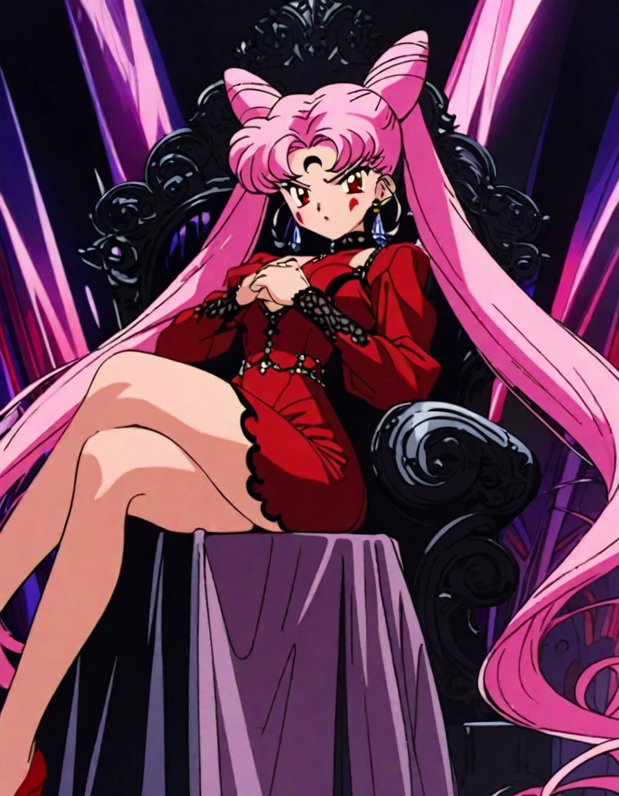  (((masterpiece))),best quality,very aesthetic,ultra detailed,intricate details,1990s \(style\),Black Lady1,1girl,solo,pink hair,cone hair bun,long hair,hair bun,double bun,red eyes,twintails,very long hair,red bikini,facial mark,crescent,jewelry,earrings,crystal earrings,forehead mark,angry,,high heels,bare legs,red footwear,throne,sitting,crossed legs,evil,