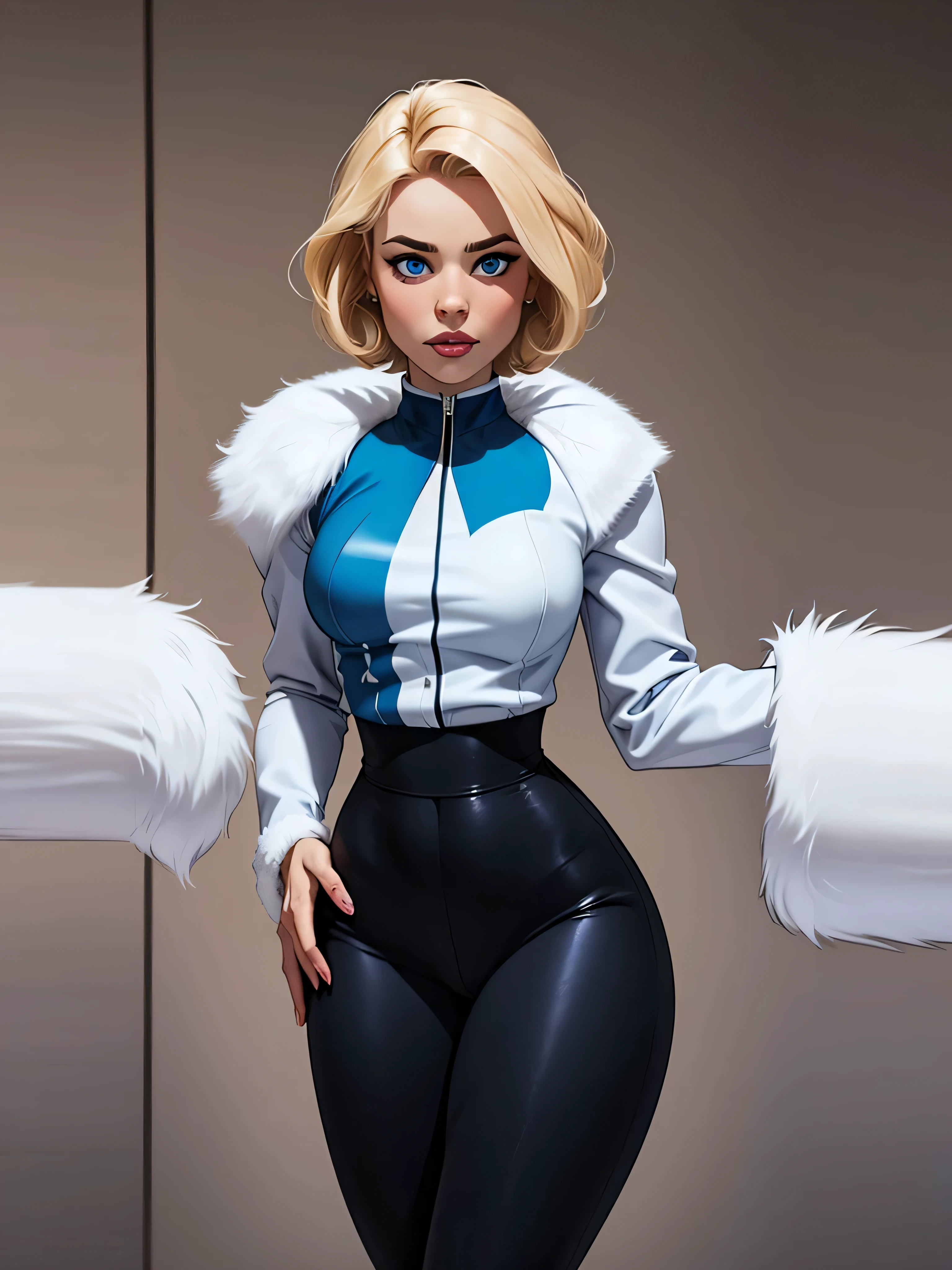 Blonde girl with short hair, blue eyes, CURVES, breasts, thighs, wearing A blue Long sleeve blouse with a distinctive white fur collar, wearing tight black pants
