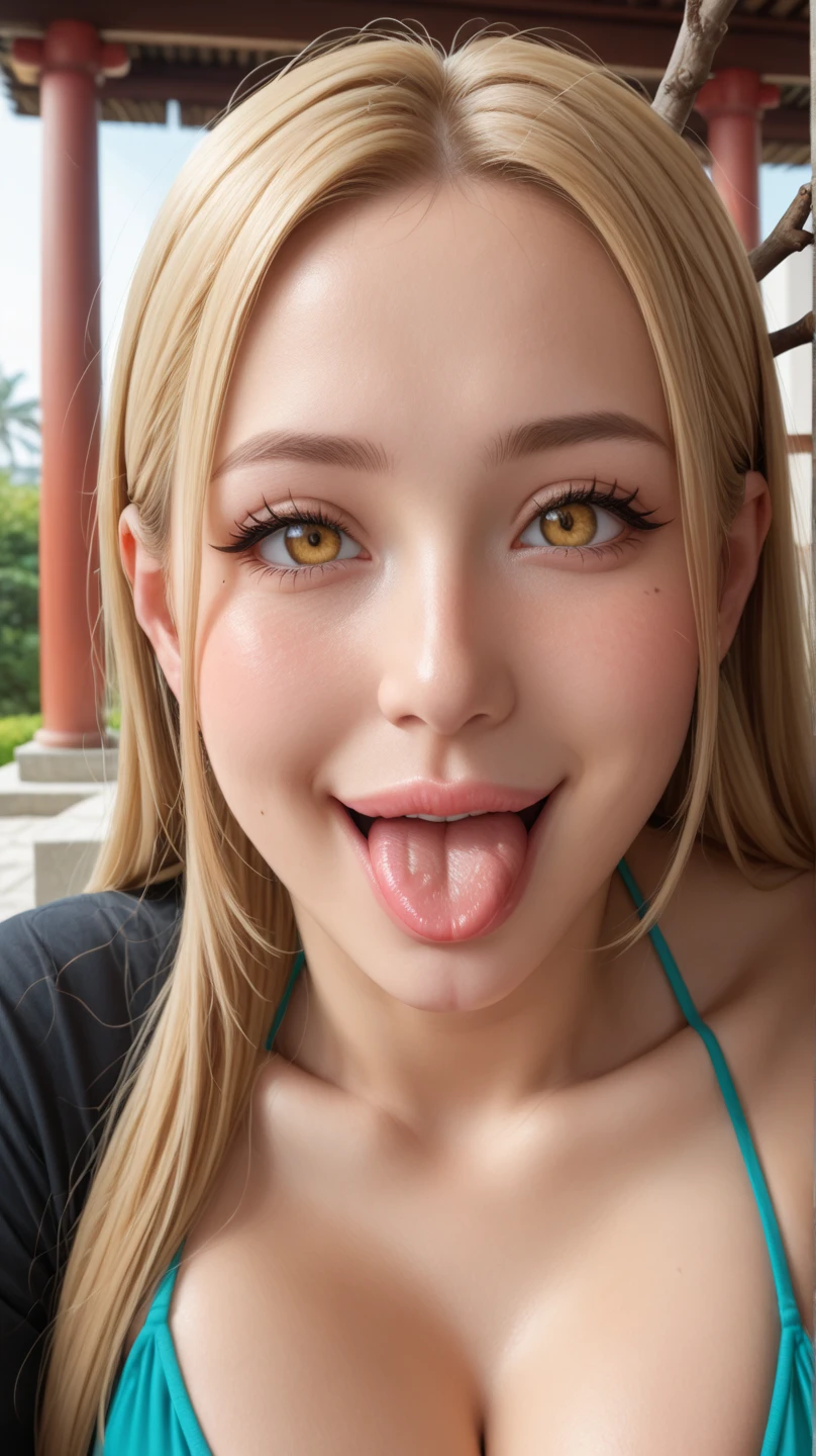 Japanese women, beautiful girl, Gal,Blonde、 , Realistic skin of the highest quality, Eyes are focused, 20-year-old, Sticking out tongue, Focus on the mouth, Open your mouth, Long Tongue, saliva, Open your mouth wide, I can see inside the mouth, Open your mouth and 舌を突き出す, realistic tongue