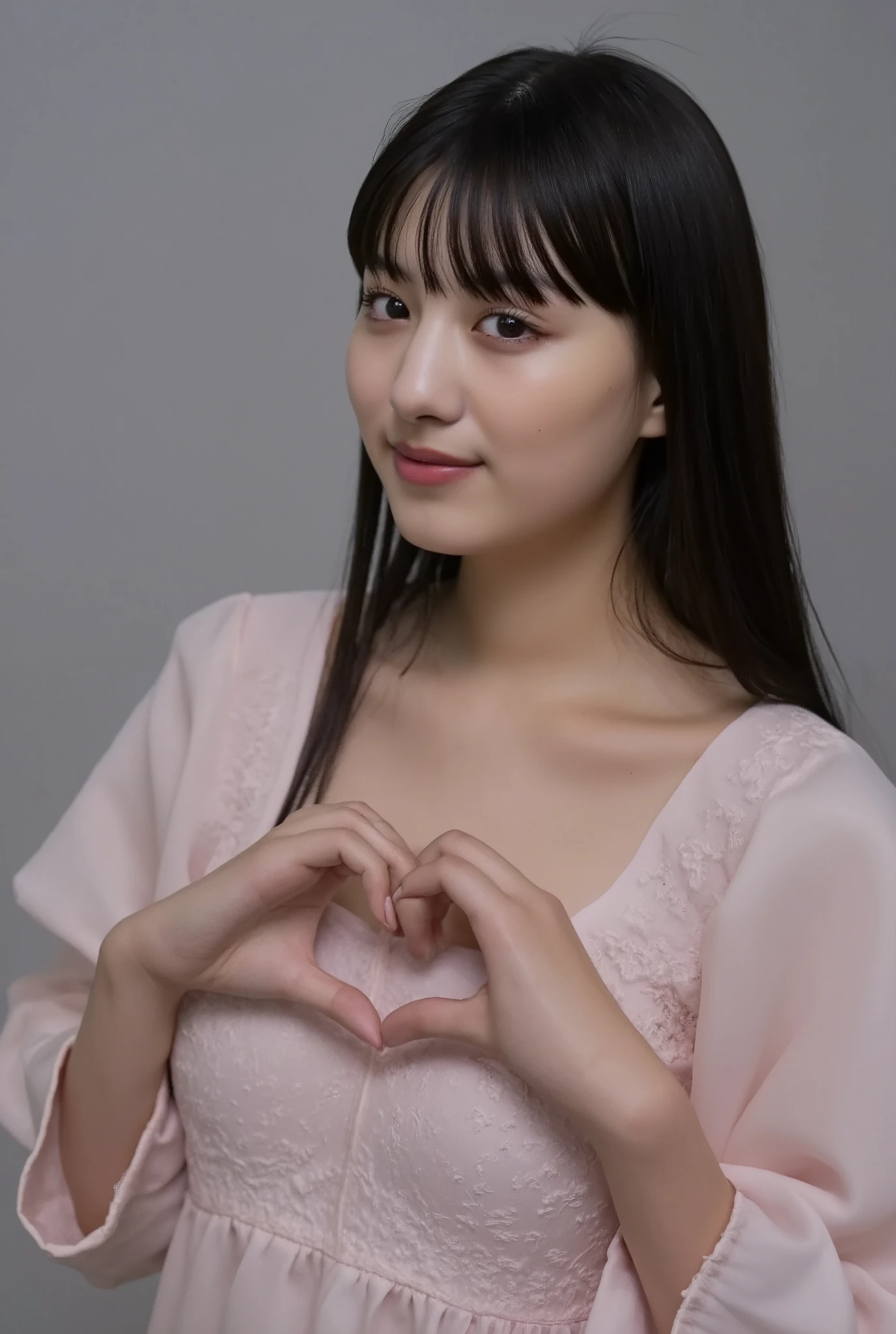 Only one smiling woman poses wearing cute pajamas with only her shoulders exposed, making a firm big heart shape with both hands, and holding them in front of her chest, View above collarbone、The background is a monotone 、
