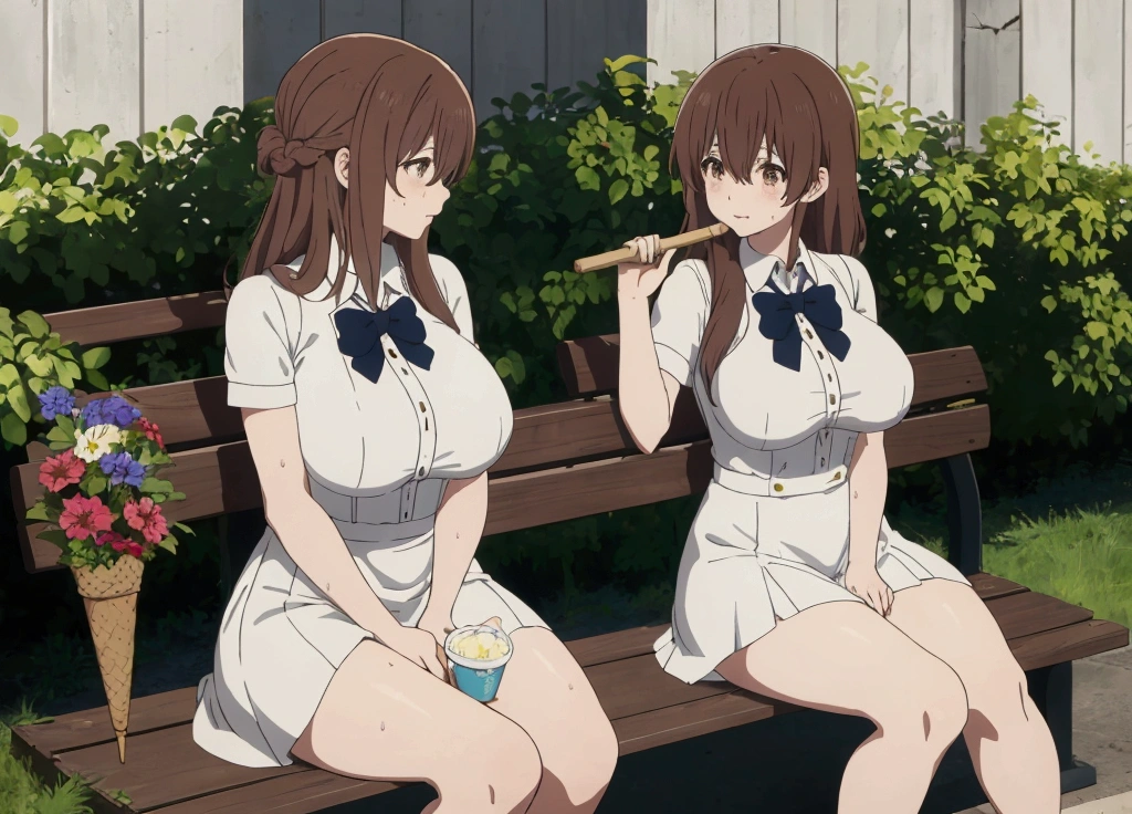 score_9, score_8_up, score_7_up, source_anime,
shoukonishimiya, shouko nishimiya, long hair, brown hair, brown eyes, She is sitting on a park bench, wearing a short white dress, the skirt of the dress is quite short, her thick and sexy legs look arousing thanks to the short skirt, her dress hides a certain part of her breasts, her shoulders are open, her big and sexy breasts can be easily seen, her hair is pulled back towards her back, she has ice cream in one hand. There is, holding the stick by the stick, he quickly brings the blue long and thick melting ice cream towards his mouth and licks it with his tongue, a sexy and shy expression on his face, his body is sweating, he looks towards the ice cream, and with his other hand he cups one of her breasts. she is caressing, sweat is flowing on her big breasts, the weather is hot and sunny, the camera angle is from the front, the legs are sexy and thick, her breasts are prominent and huge