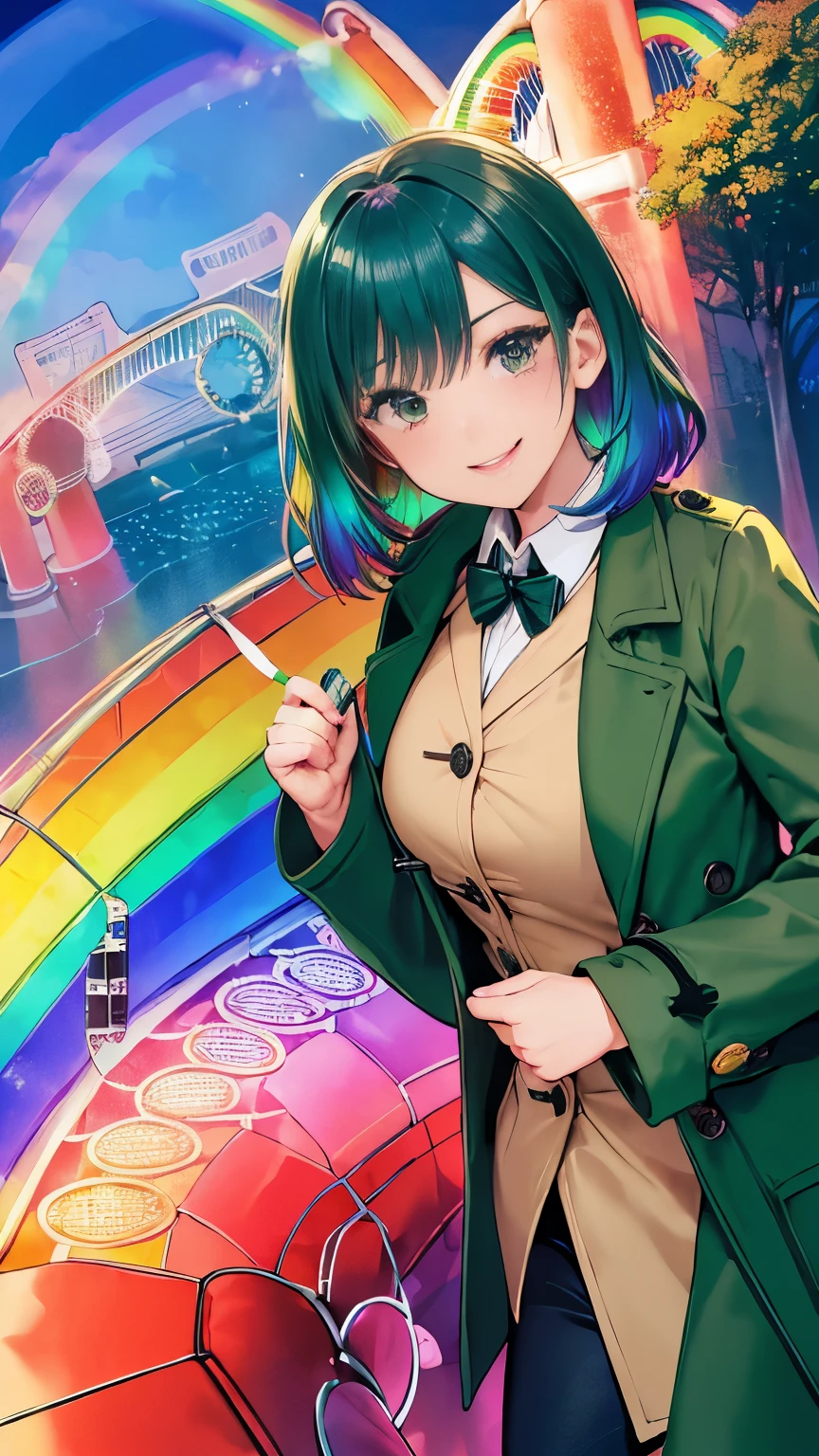 (Rainbow Bridge:1.5), (Detective in green mod coat trying to block the Rainbow Bridge:1.5), (constricted waist:1.3), (full bodyesbian:1.3), (Smiling:1.3)