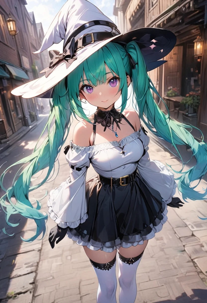 (masterpiece),(best quality),(ultra-detailed),(best illustration),(best shadow),(detailed background), 1girl, solo, hat, gloves, thighhighs, witch-hat, long-hair, black-gloves, green-hair, simple-background, belt, white-thighhighs, twintails, purple-eyes, looking-at-viewer, white-headwear, skirt, black-footwear, frills, wide-sleeves, off-shoulder, standing, long-sleeves, shoes, zettai-ryouiki, bare-shoulders, high-heels, jacket, black-belt, long-twintails, breasts, aqua-hair, miniskirt, white-jacket, dress, black-skirt, lace-trim, frilled-sleeves, frilled-skirt, hat-belt
