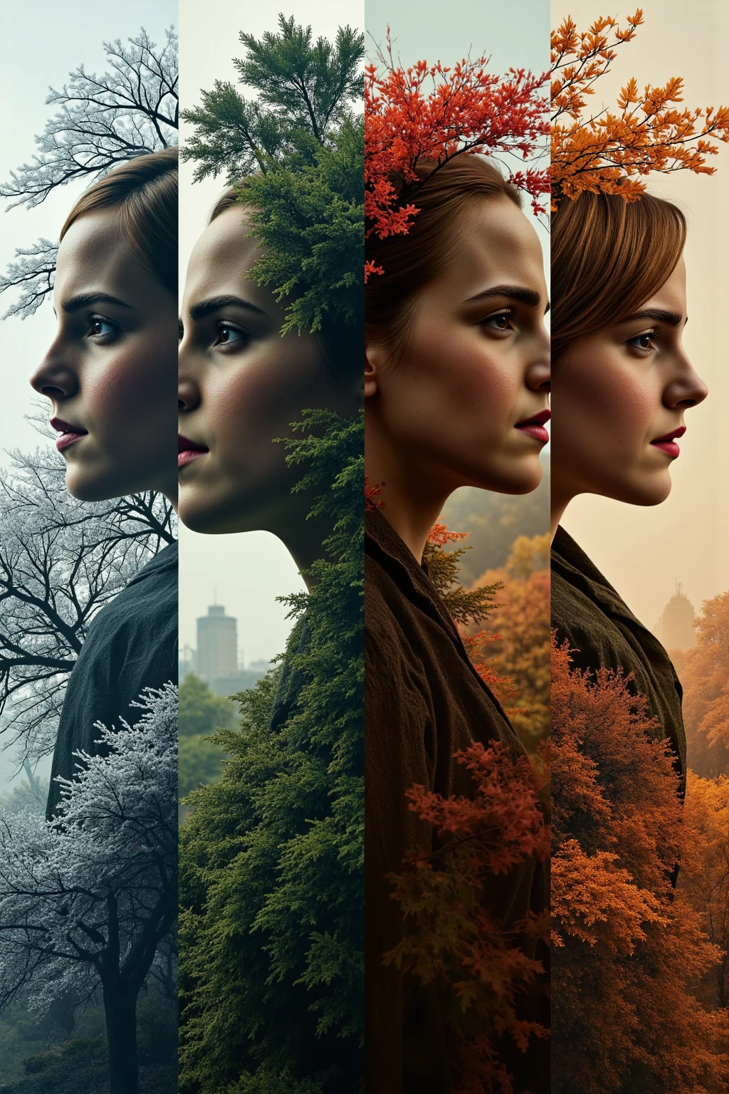 Hyper-realistic glitchcore surrealism: four razor-sharp vertical splits depicting seasons. Frosty crystalline winter, delicate pastel spring blossoms, lush verdant summer foliage, fiery autumn leaves. Two double-exposed close-up silhouettes of Emma Watson blending in with the seasons. One profile picture looking left with the first two seasons.  One profile picture looking right with the last two seasons.  Ultra-high-resolution grain texture. Moody chiaroscuro lighting. Time's relentless march personified.
