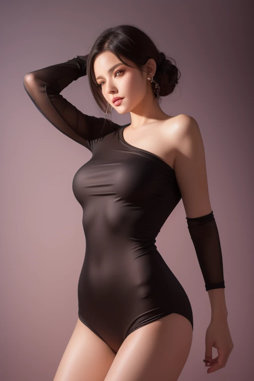 absurdres, RAW photo, extremely delicate and beautiful, masterpiece, Best Quality, ultra high resolution, 32k, hyperrealistic, ultra-detailed, perfect figure, Perfect balance, in her 20s, very small head, very small face, delicate facial features, tearful mole, earring, ((very huge breasts)), ((full body shot)), bare legs, medium hair, black hair, ((ninja suit)),