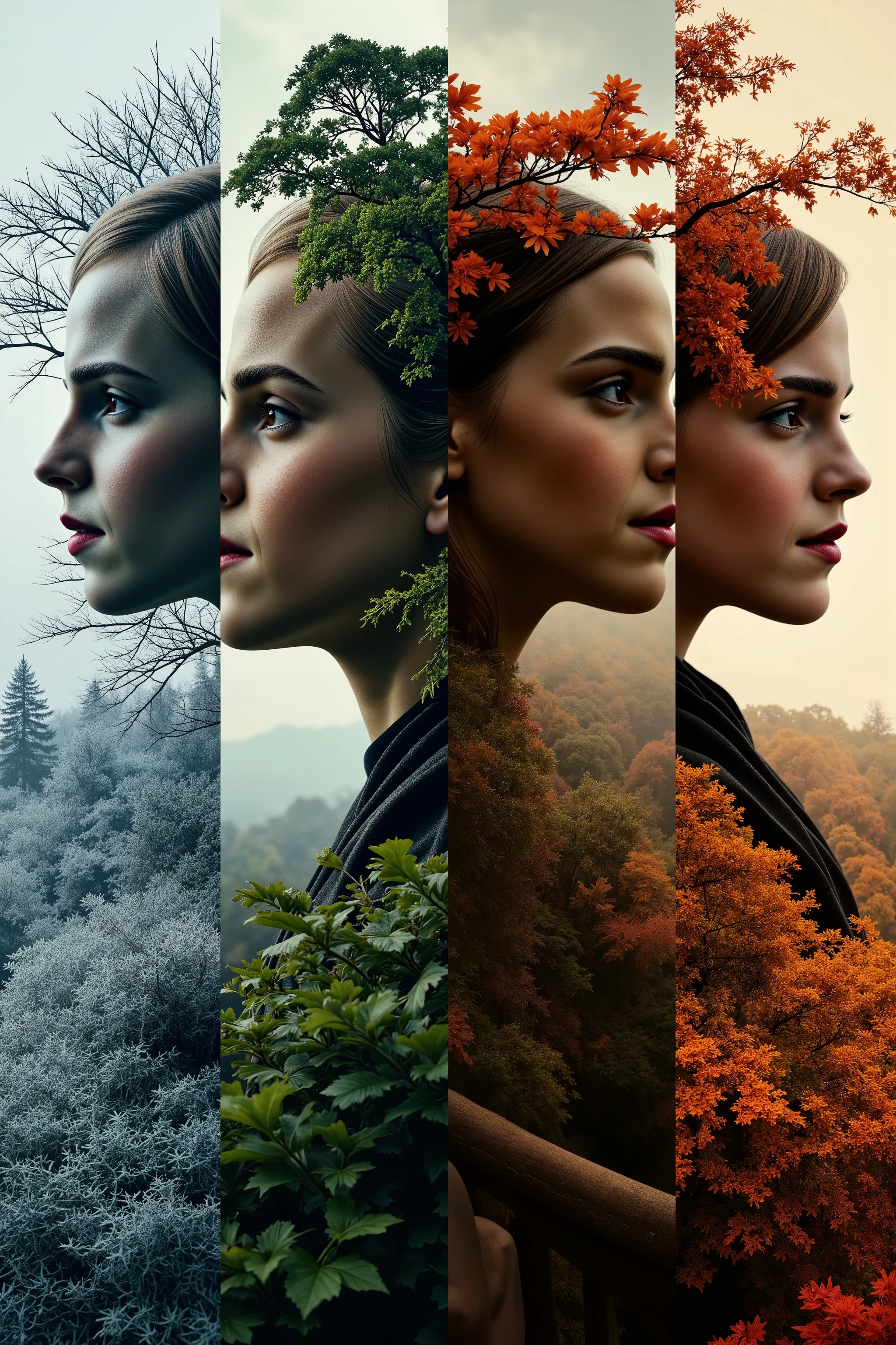 Hyper-realistic glitchcore surrealism: four razor-sharp vertical splits depicting seasons. Frosty crystalline winter, delicate pastel spring blossoms, lush verdant summer foliage, fiery autumn leaves. Two double-exposed close-up silhouettes of Emma Watson blending in with the seasons. One profile picture looking left with the first two seasons.  One profile picture looking right with the last two seasons.  Ultra-high-resolution grain texture. Moody chiaroscuro lighting. Time's relentless march personified.
