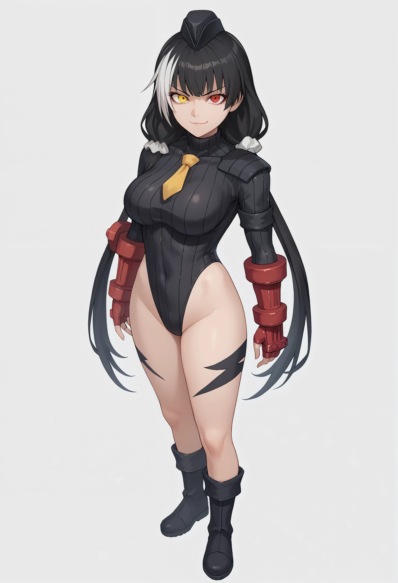 score_9, score_8_up, score_7_up, BREAK source_anime, (absurdres, masterpiece, high quality,perfect body, nice eyes, nice face), 1 girl,jelorodef,large breasts,black hair,streaked hair,hair scrunchie,low twintails,red eyes,heterochromia,yellow eyes,((black dollsuit)),yellow tie,dark persona,corruption,standing at attention, smirk, shoulder view,simple background,full body